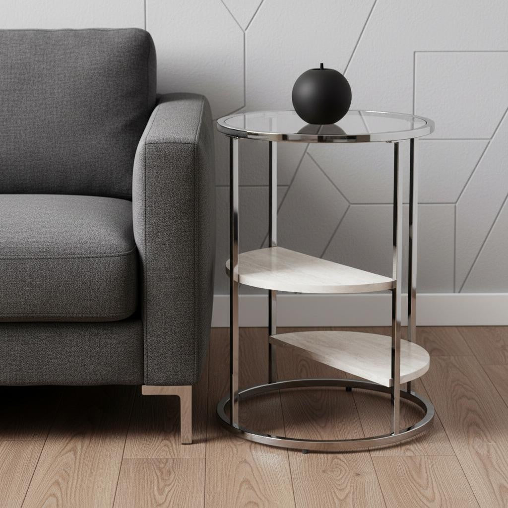 24" Black Metal Glass And Faux Marble Round End Table With Two Shelves Homeroots Living Room