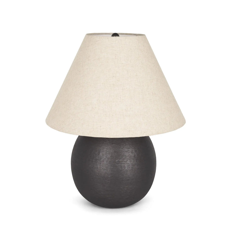 Black ceramic table lamp with a beige linen shade, featuring a modern, minimalist design.