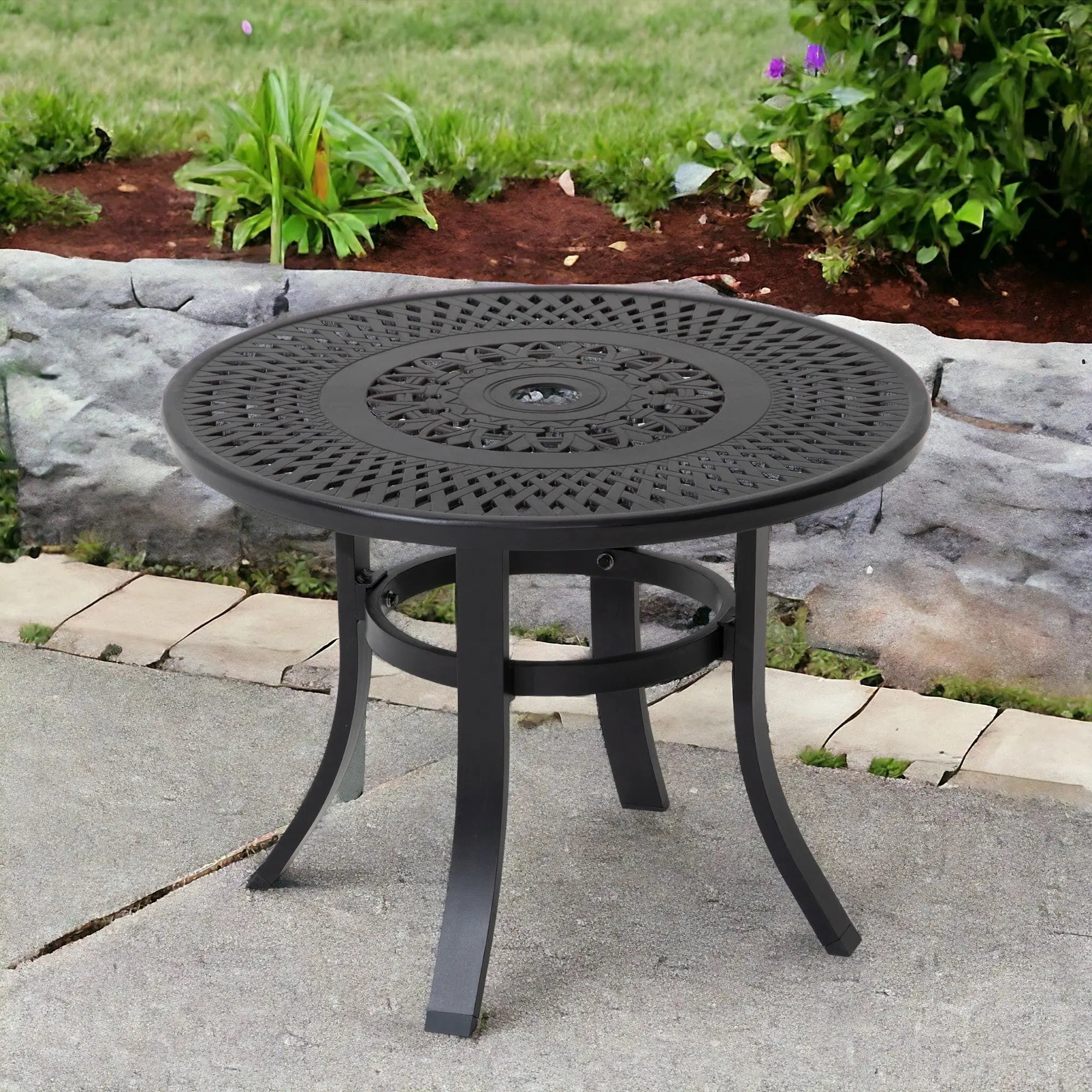 24" Black Rounded Metal Outdoor Bistro Table with Umbrella Hole Homeroots Outdoor