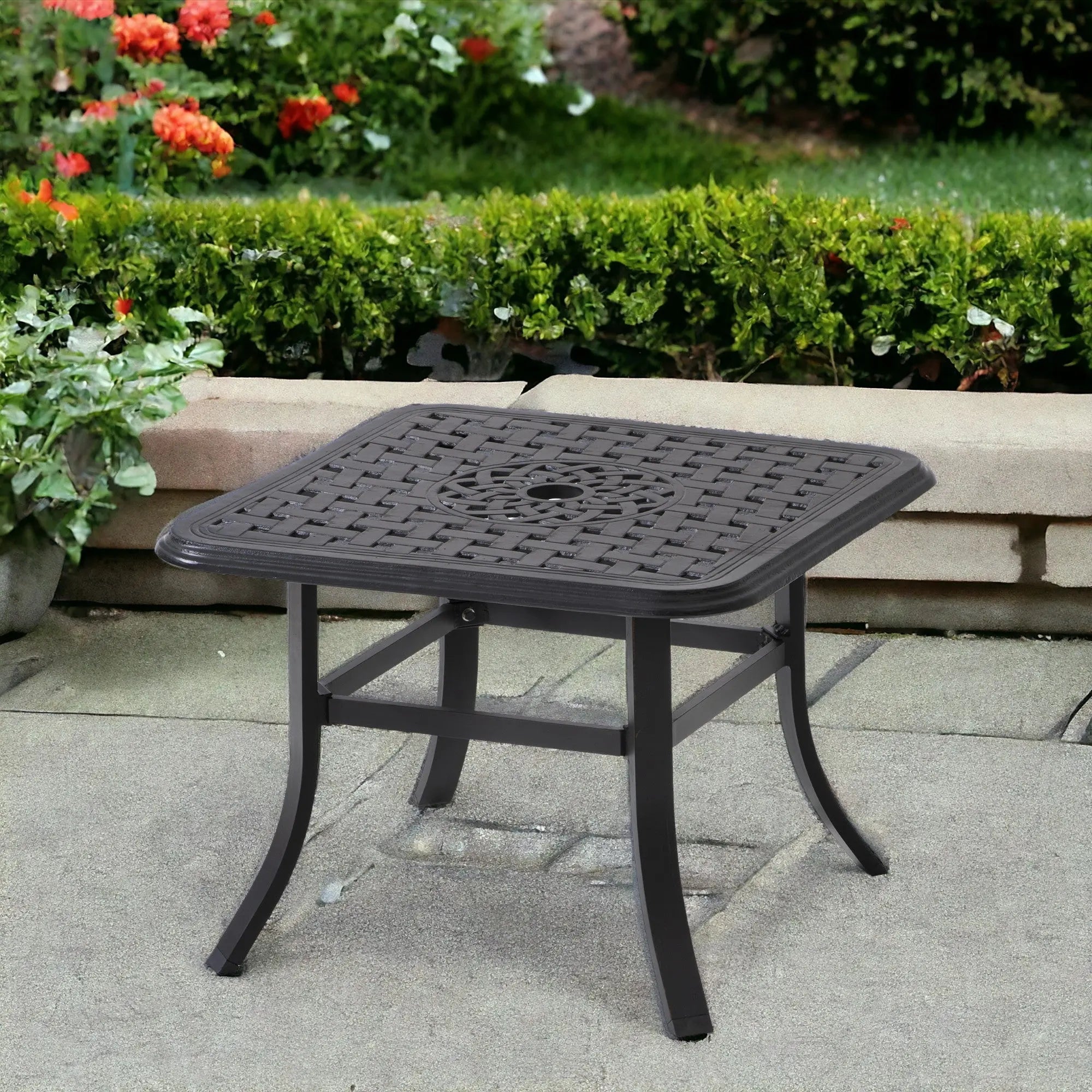 24" Black Square Metal Outdoor Bistro Table with Umbrella Hole Homeroots Outdoor
