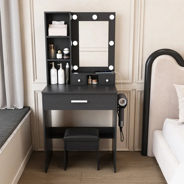 24" Black Wood Mirrored Three Drawer Vanity Table And Lights Homeroots Living Room