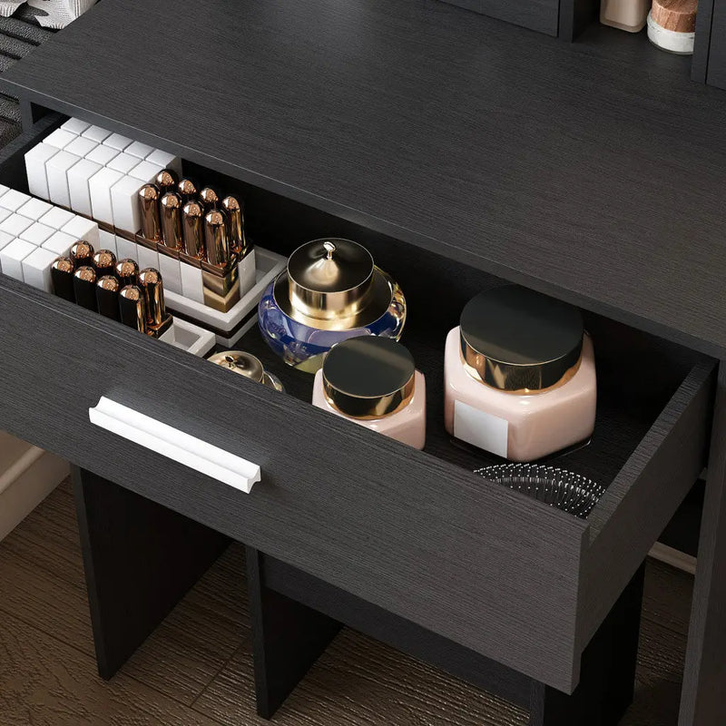 24" Black Wood Mirrored Three Drawer Vanity Table And Lights Homeroots Living Room