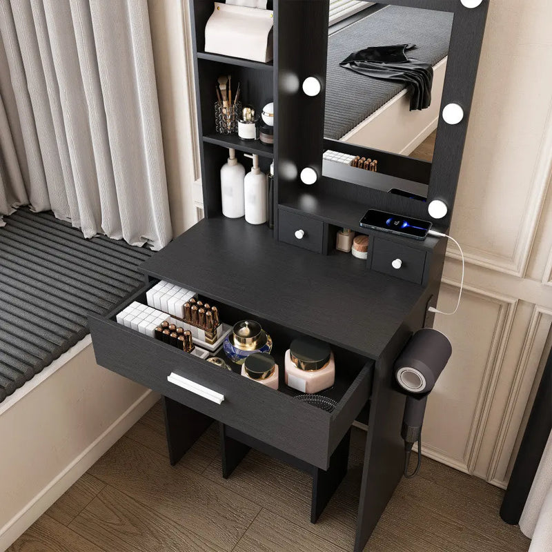 24" Black Wood Mirrored Three Drawer Vanity Table And Lights Homeroots Living Room