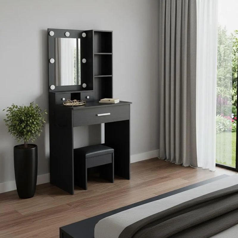 24" Black Wood Mirrored Three Drawer Vanity Table And Lights Homeroots Living Room