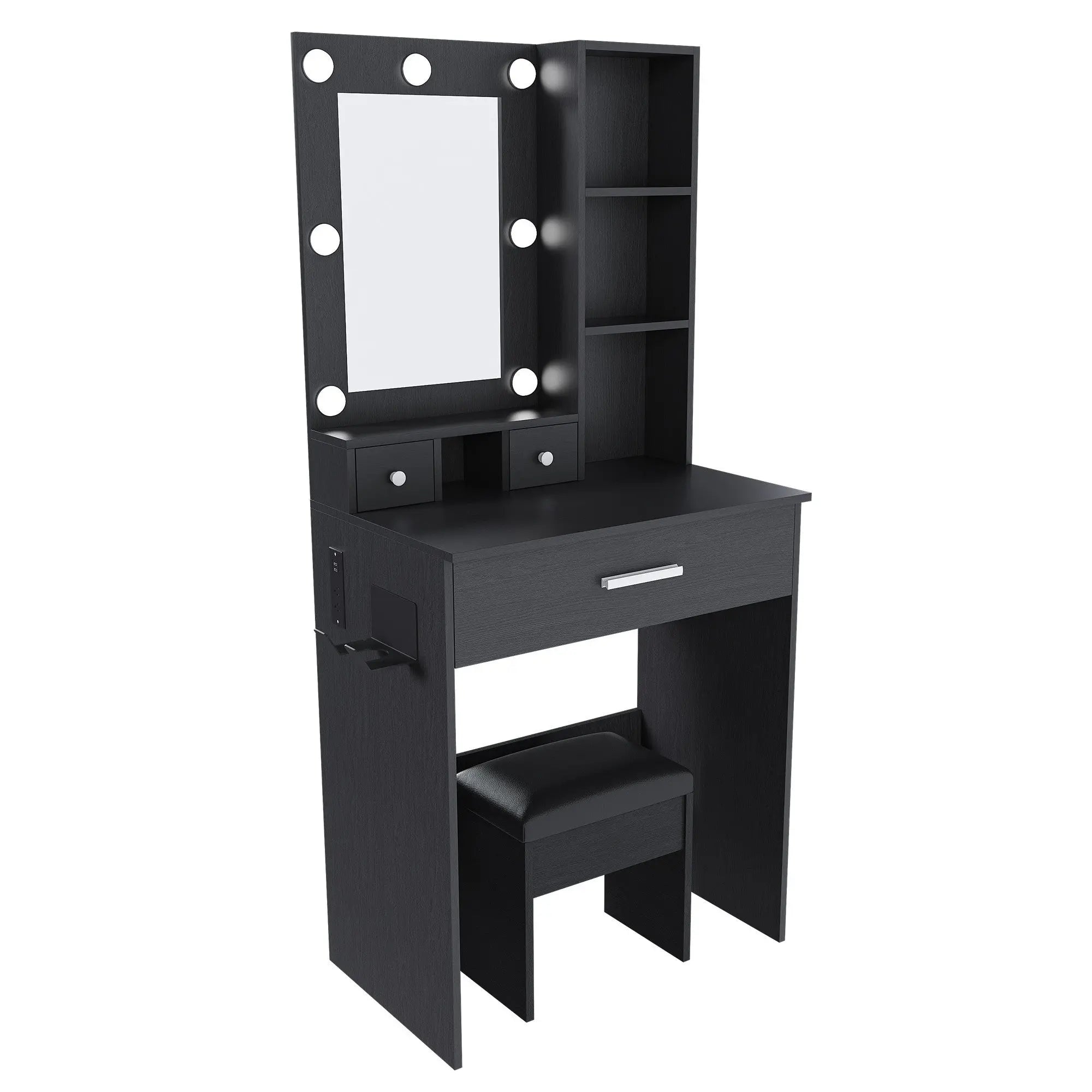 24" Black Wood Mirrored Three Drawer Vanity Table And Lights Homeroots Living Room