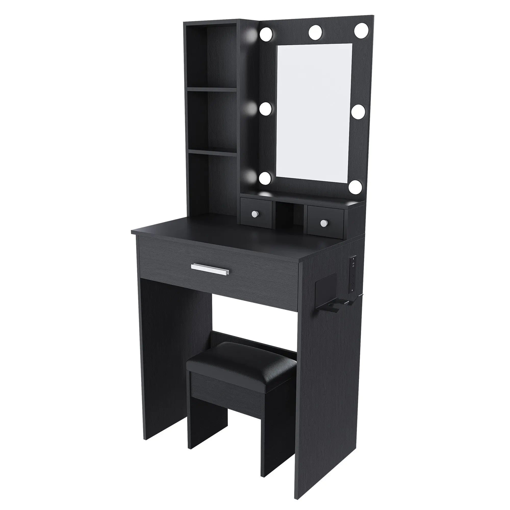 24" Black Wood Mirrored Three Drawer Vanity Table And Lights Homeroots Living Room