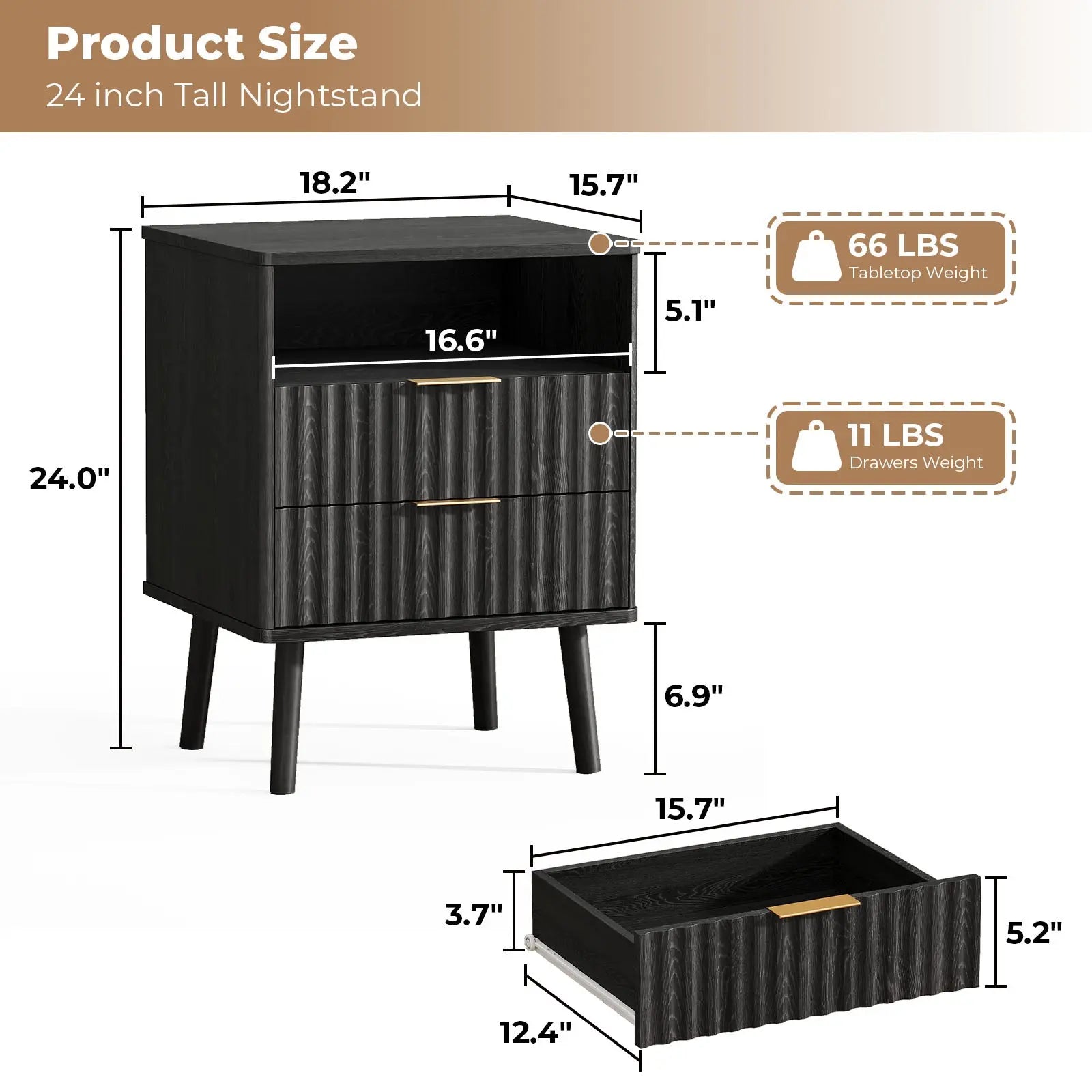 24" Black Wood Ribbed Texture And Mirrored Glass Two Drawer Nightstand Homeroots Bed & Bath