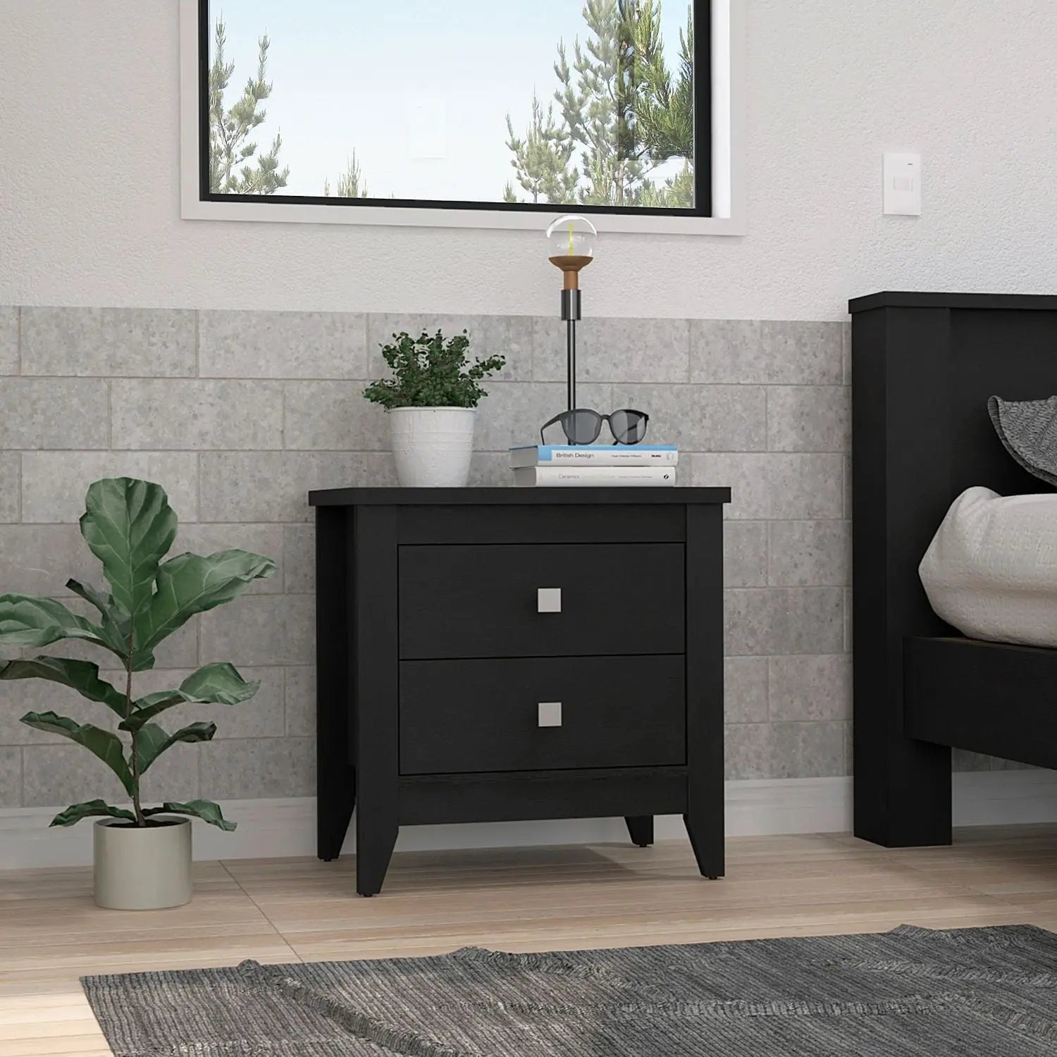 24" Black Wood Two Drawer Nightstand Homeroots Bed & Bath
