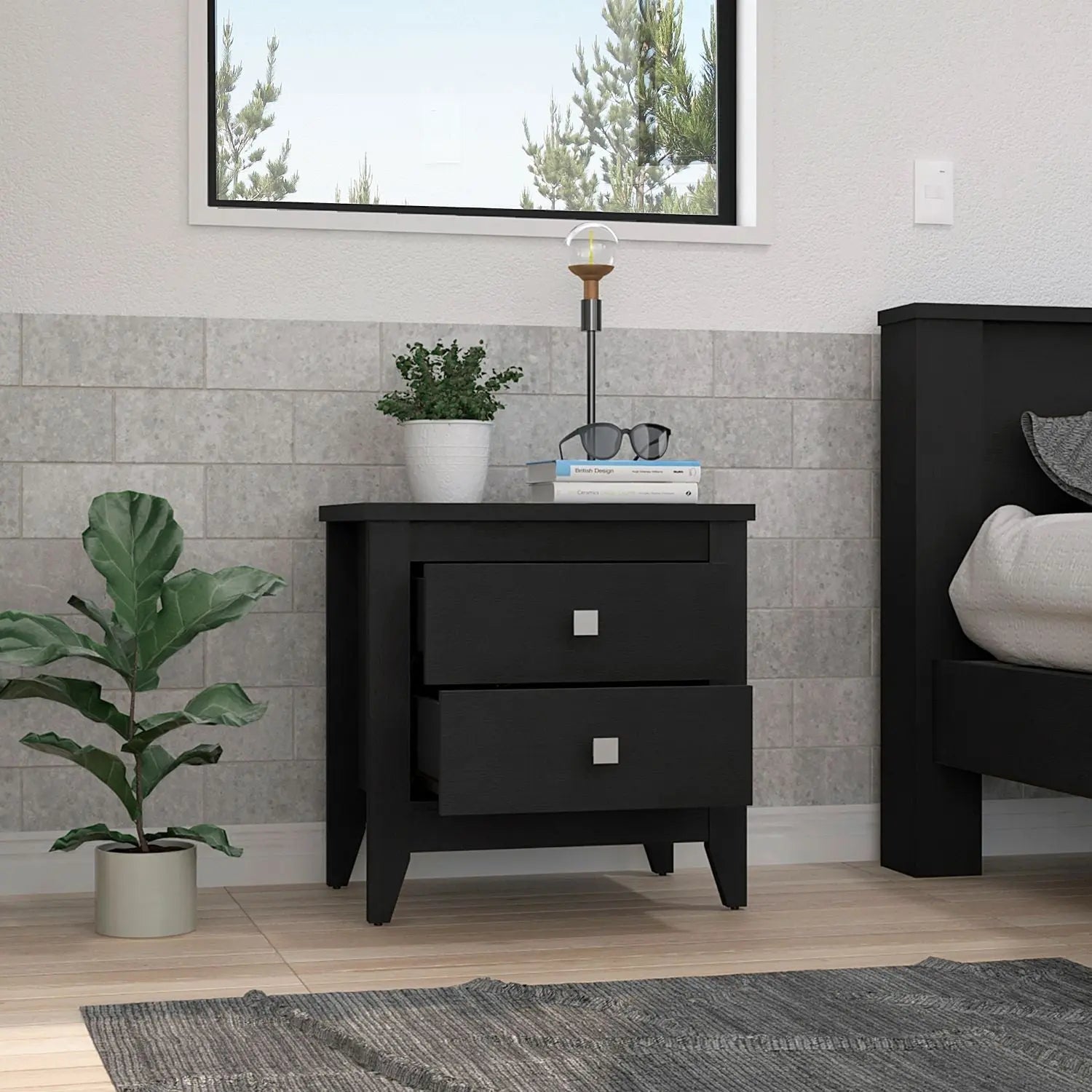 24" Black Wood Two Drawer Nightstand Homeroots Bed & Bath