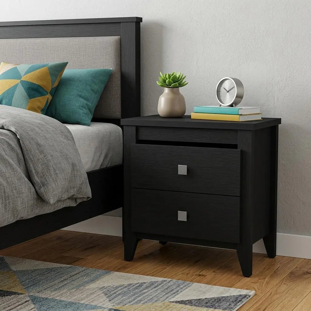 24" Black Wood Two Drawer Nightstand Homeroots Bed & Bath