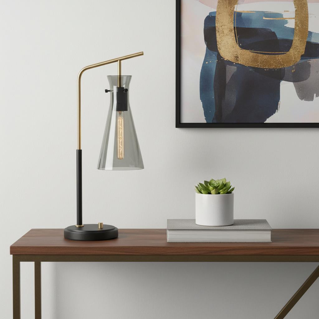 24" Black and Gold Metal Desk Lamp With Light Gray Cone Shade - GreatEagleInc