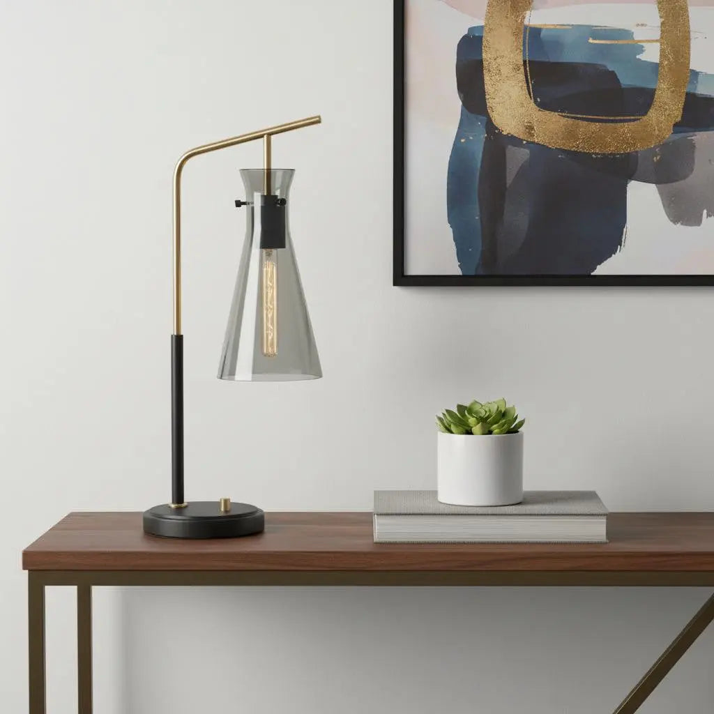 24" Black and Gold Metal Desk Lamp With Light Gray Cone Shade - GreatEagleInc