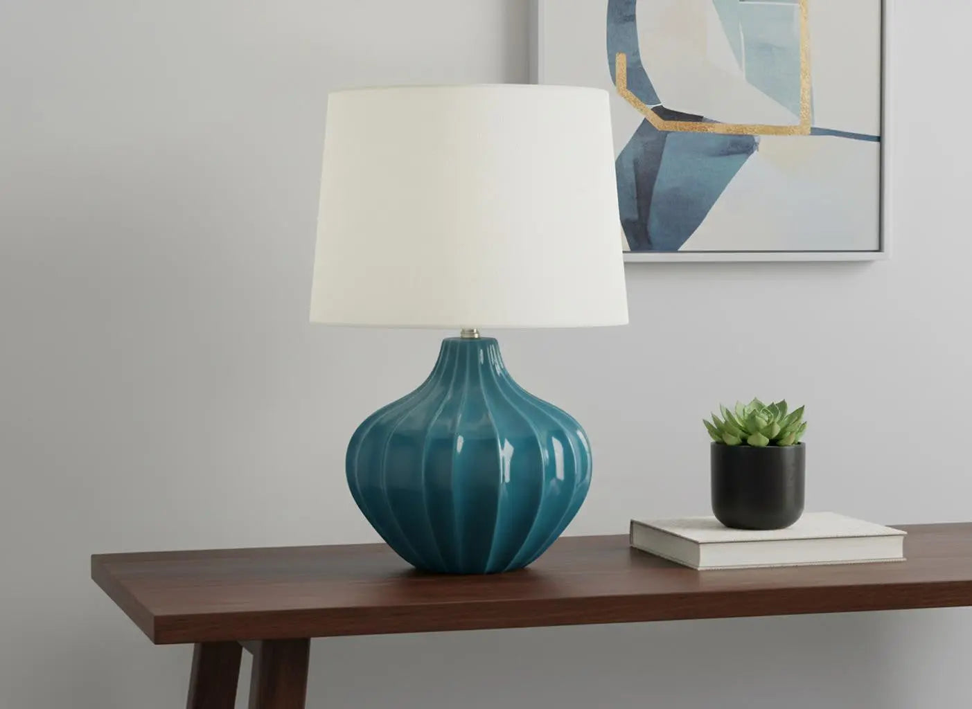 24" Blue Ceramic Gourd Table Lamp With Cream Empire Shade Homeroots Lighting