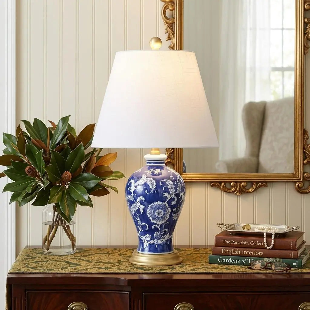 24" Blue Gold And White Urn Bedside Lamp With Empire Shade Homeroots Lighting