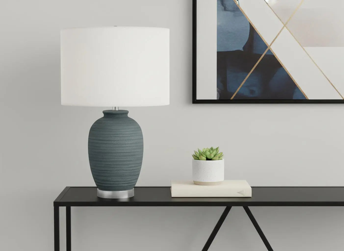 24" Blue and Silver Ceramic Round Table Lamp With Ivory Drum Shade Homeroots Lighting