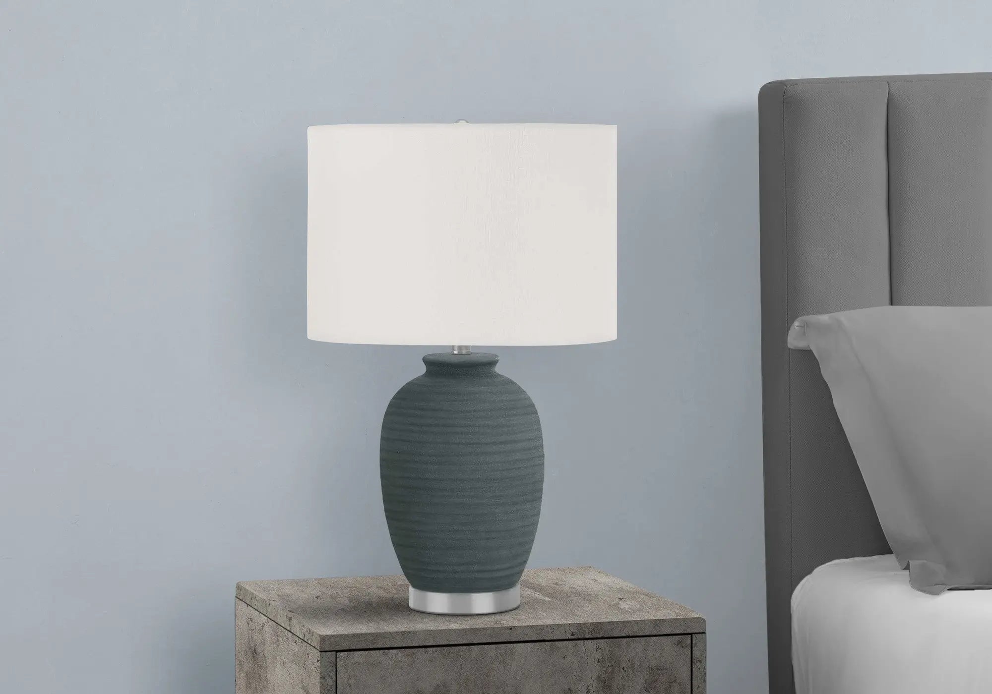 24" Blue and Silver Ceramic Round Table Lamp With Ivory Drum Shade Homeroots Lighting