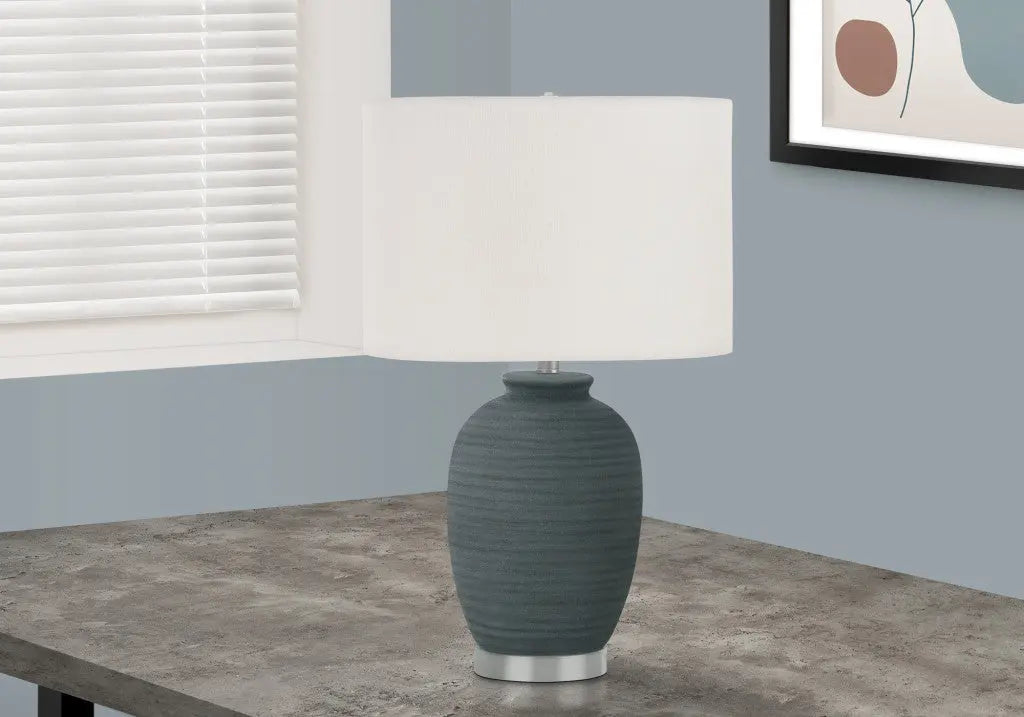 24" Blue and Silver Ceramic Round Table Lamp With Ivory Drum Shade Homeroots Lighting