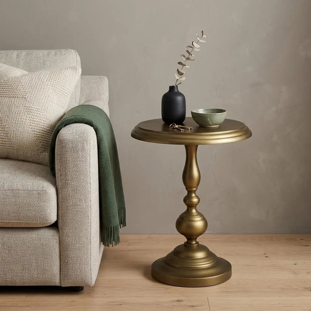 24" Brass Aluminum Round Pedestal End Table Homeroots Living Room