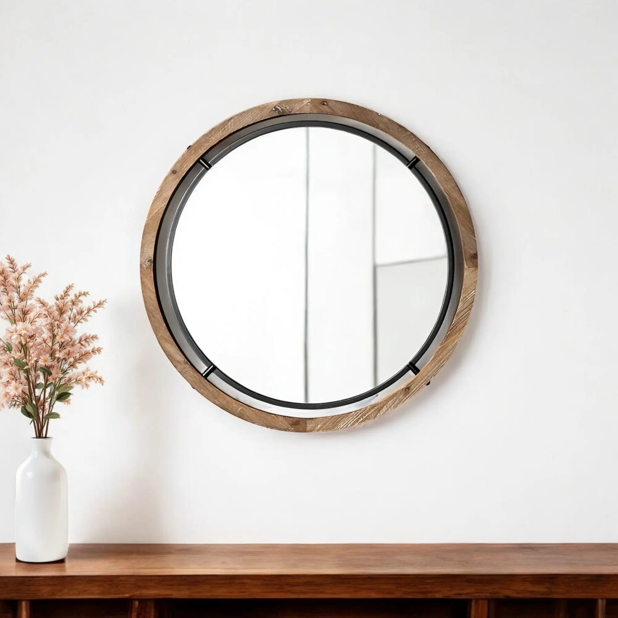 24" Brown And Black Round Metal And Wood Framed Accent Mirror Homeroots Bed & Bath