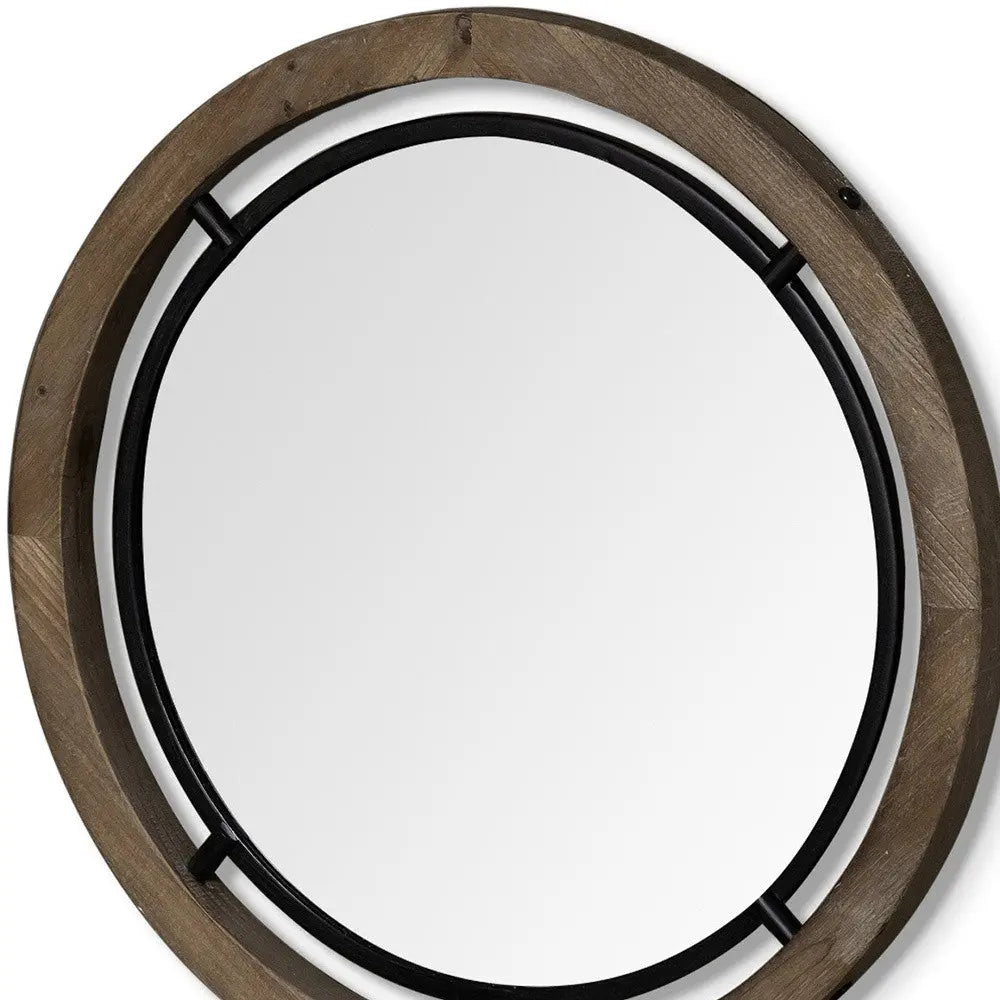 24" Brown And Black Round Metal And Wood Framed Accent Mirror Homeroots Bed & Bath