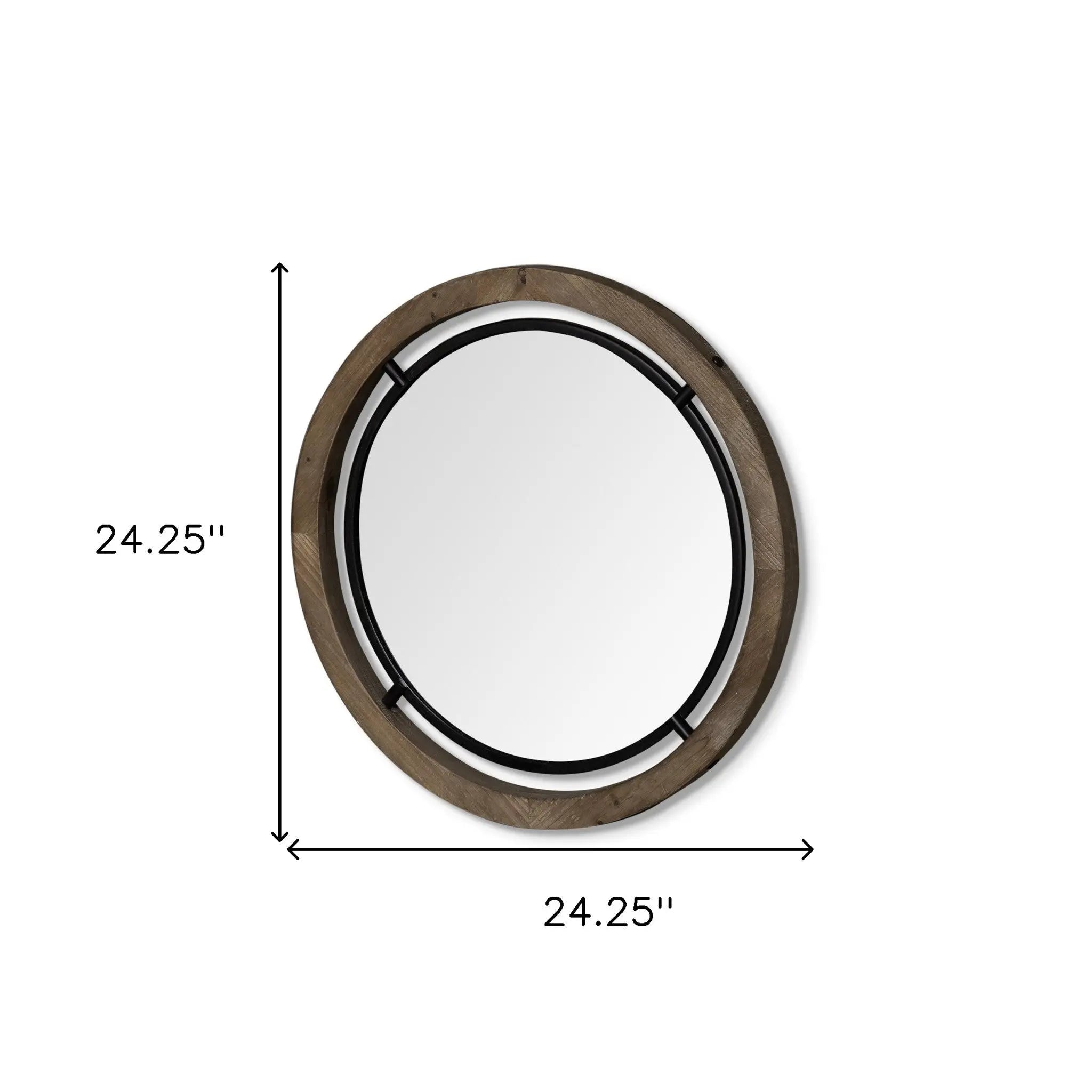 24" Brown And Black Round Metal And Wood Framed Accent Mirror Homeroots Bed & Bath