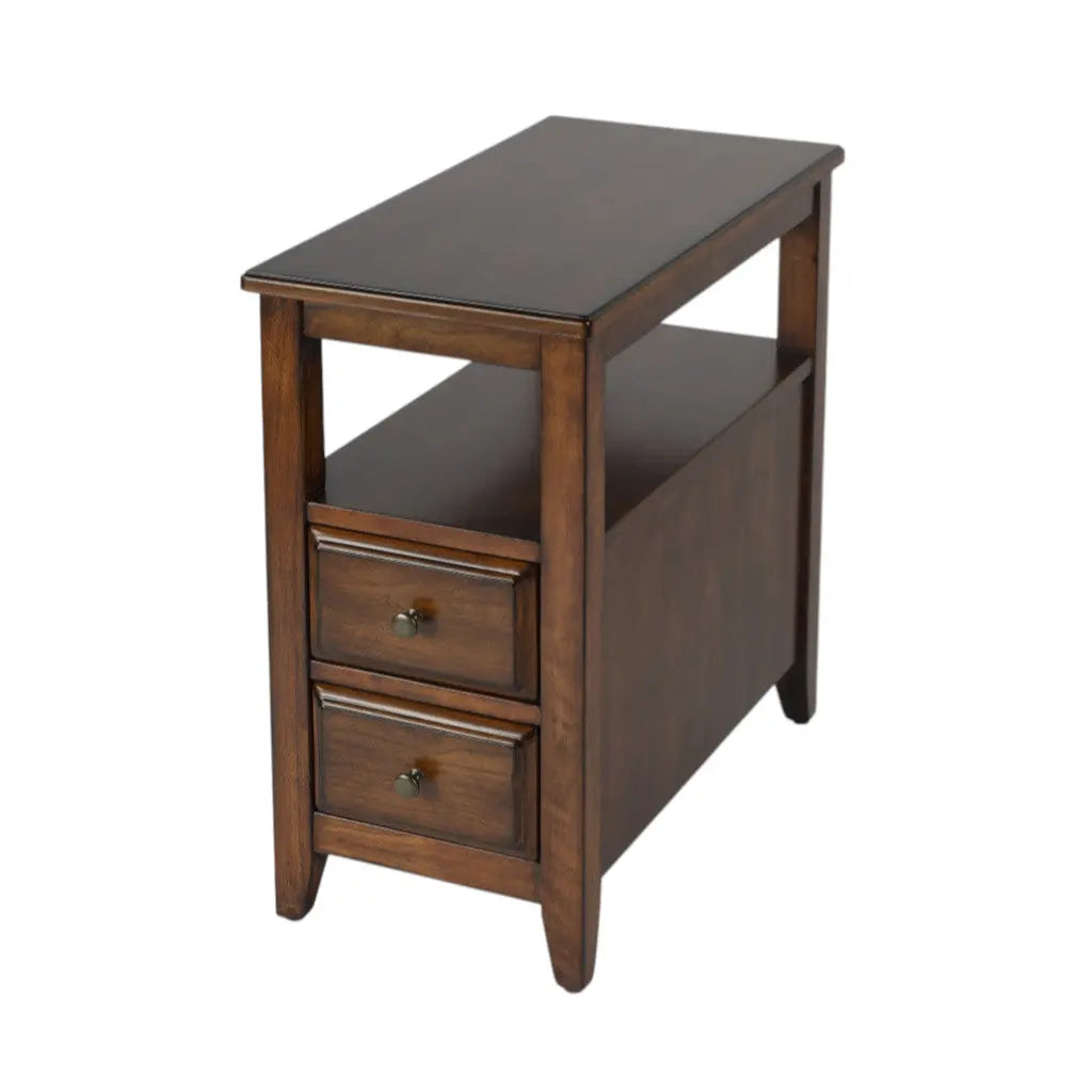 24" Brown Distressed End Table With Two Drawers And Shelf Homeroots Living Room