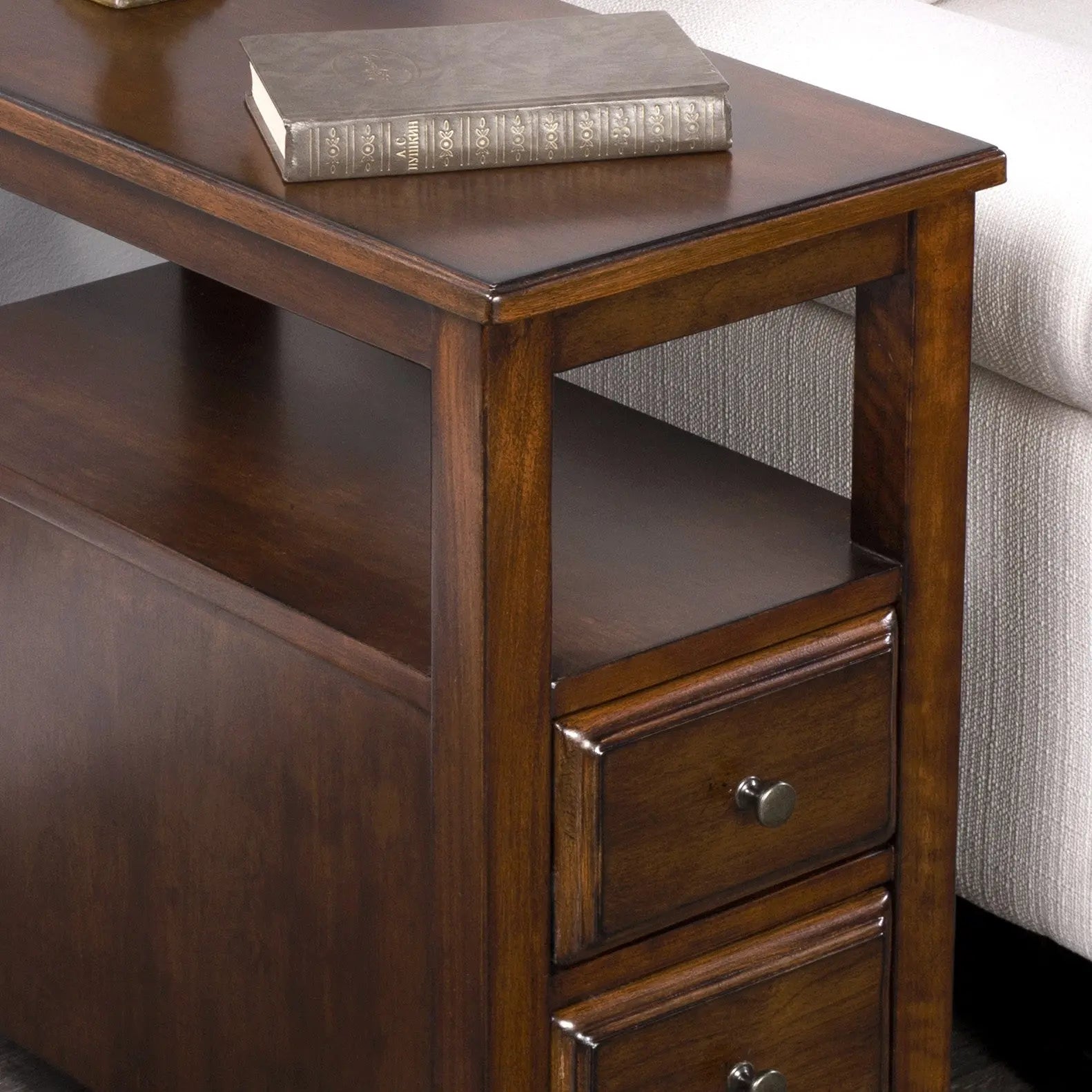 24" Brown Distressed End Table With Two Drawers And Shelf Homeroots Living Room