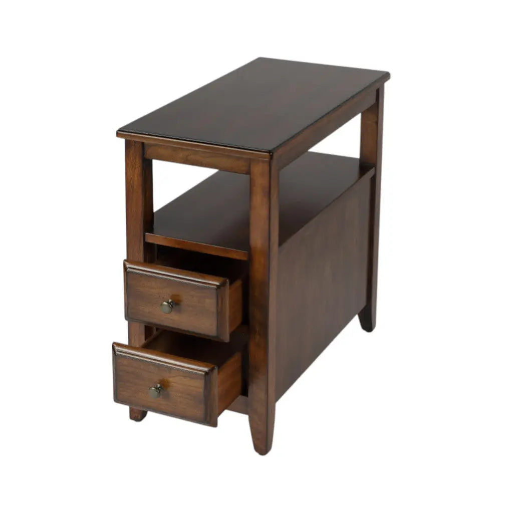 24" Brown Distressed End Table With Two Drawers And Shelf Homeroots Living Room