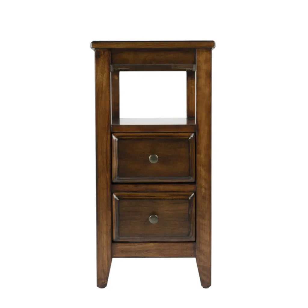 24" Brown Distressed End Table With Two Drawers And Shelf Homeroots Living Room