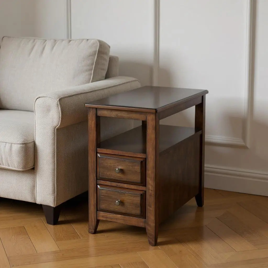24" Brown Distressed End Table With Two Drawers And Shelf Homeroots Living Room