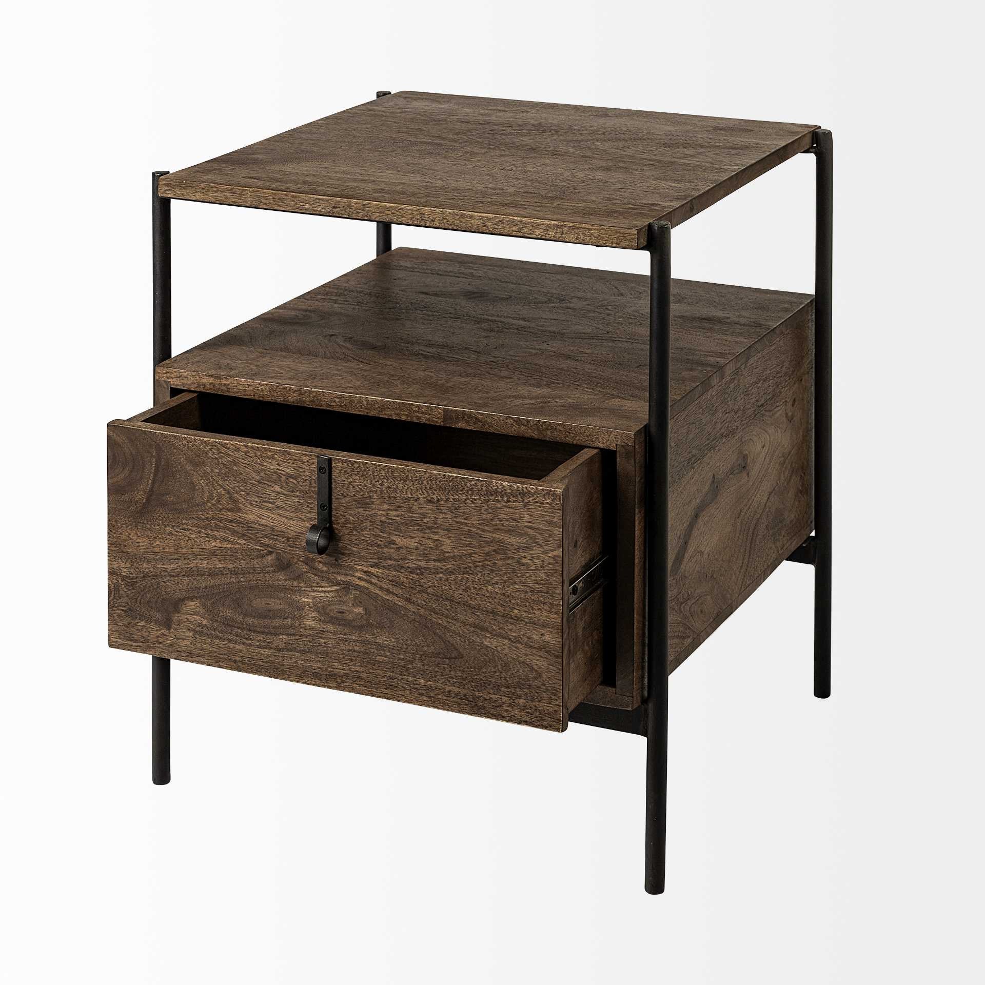 Rustic brown wood nightstand with black metal frame and one drawer, featuring a minimalist design.