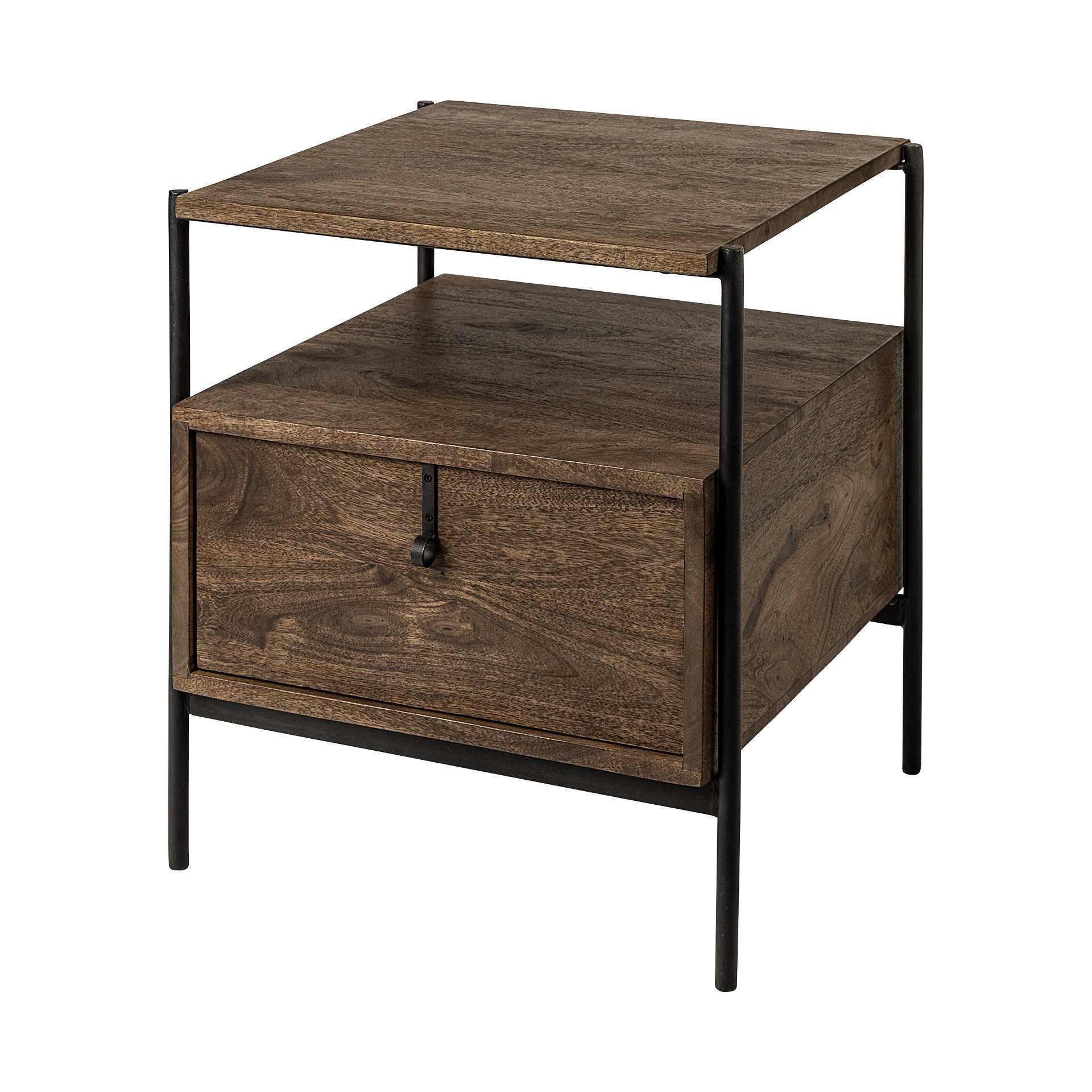 Industrial-style nightstand in dark walnut wood with a black metal frame and a single drawer.