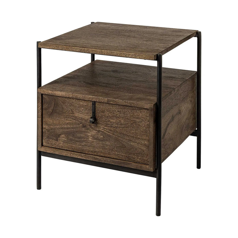 Industrial-style nightstand in dark walnut wood with a black metal frame and a single drawer.