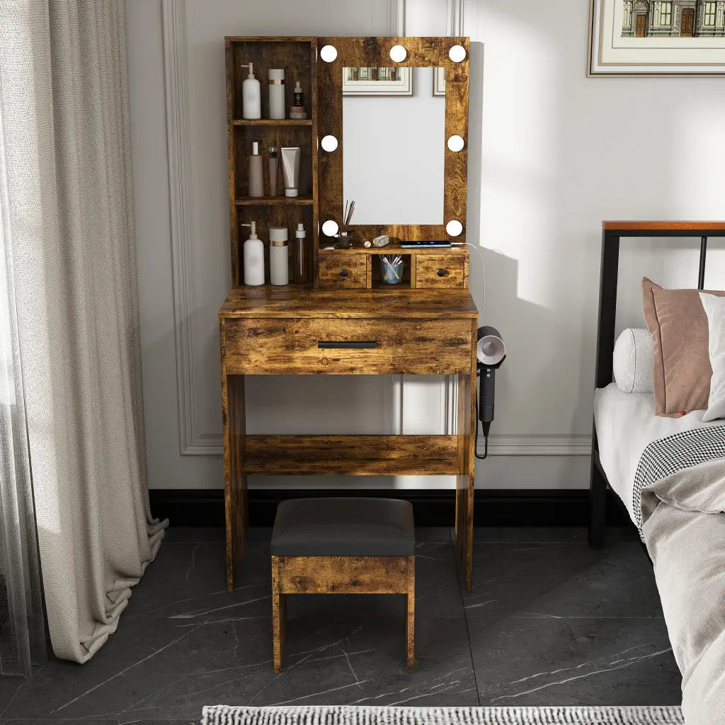 24" Brown Wood Mirrored Three Drawer Vanity Table And Lights Homeroots Living Room