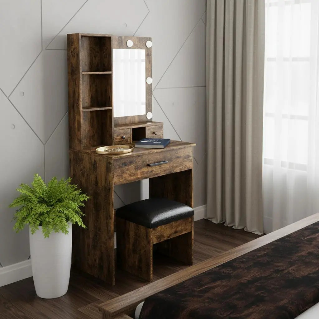24" Brown Wood Mirrored Three Drawer Vanity Table And Lights Homeroots Living Room