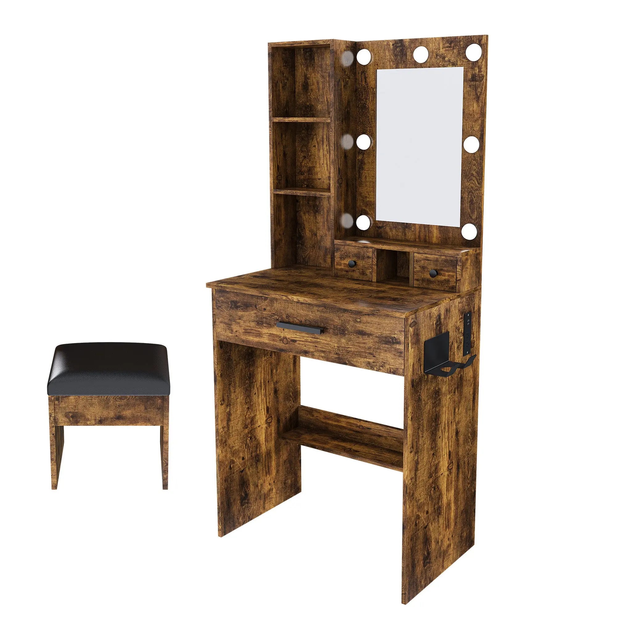 24" Brown Wood Mirrored Three Drawer Vanity Table And Lights Homeroots Living Room