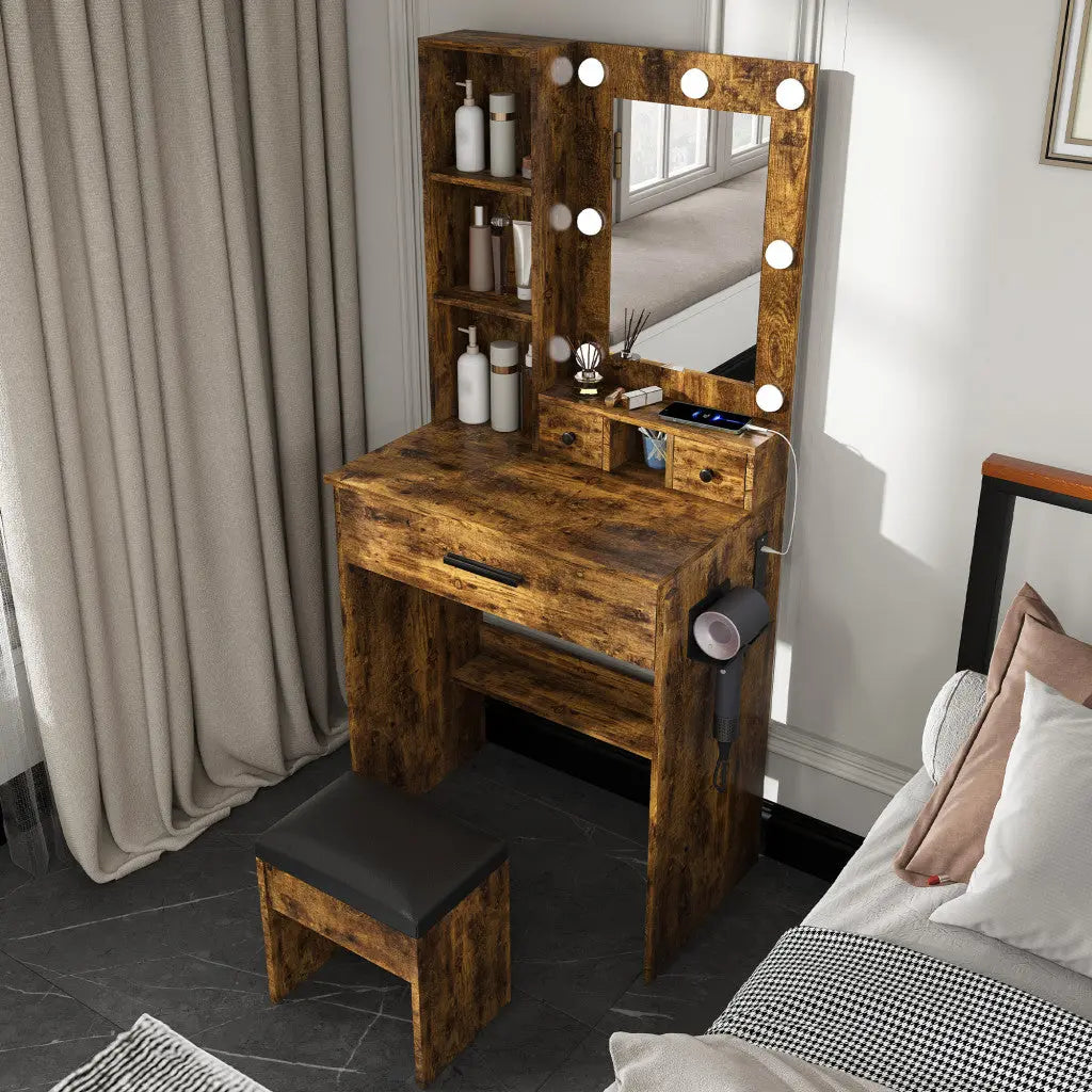 24" Brown Wood Mirrored Three Drawer Vanity Table And Lights Homeroots Living Room
