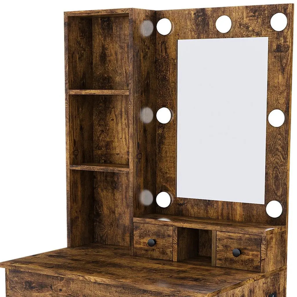 24" Brown Wood Mirrored Three Drawer Vanity Table And Lights Homeroots Living Room