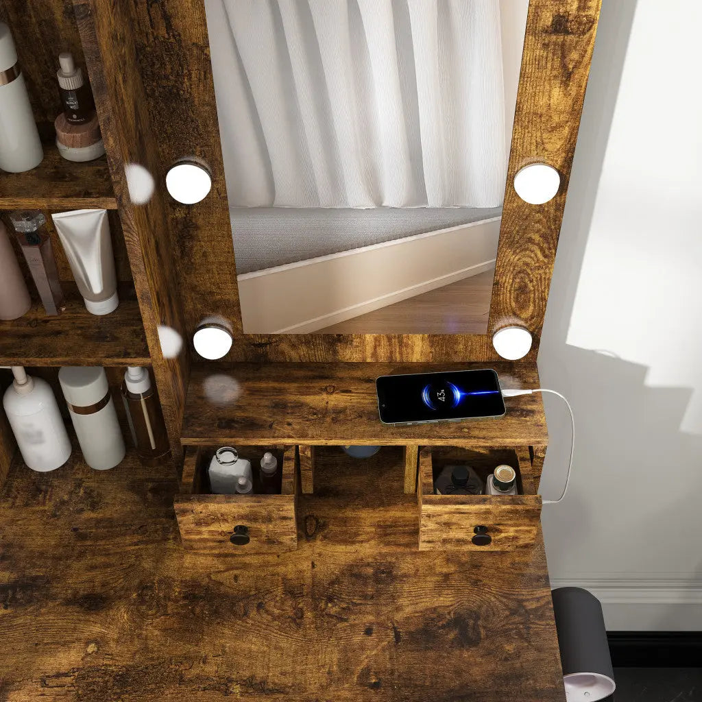 24" Brown Wood Mirrored Three Drawer Vanity Table And Lights Homeroots Living Room
