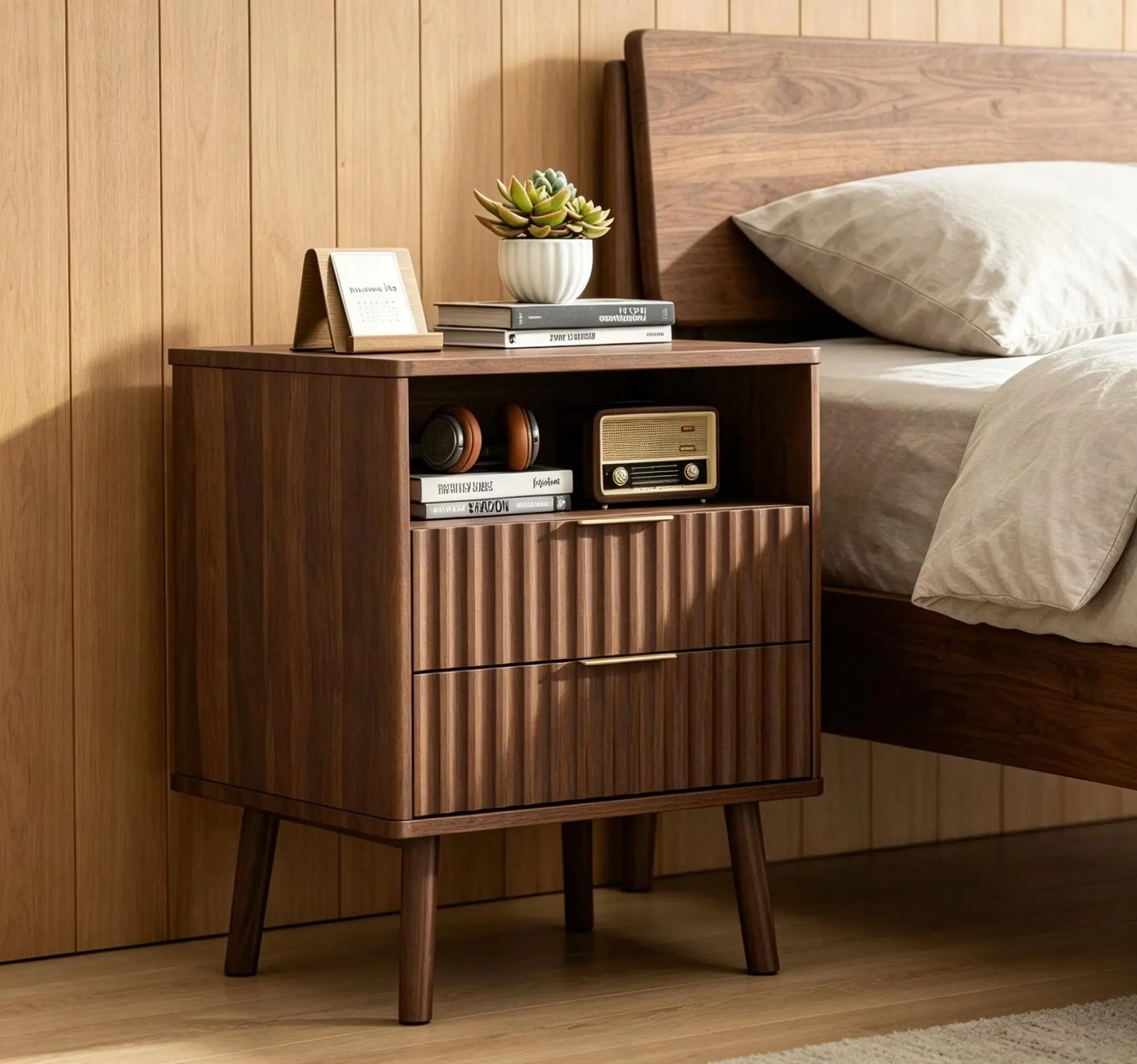 24" Brown Wood Ribbed Texture And Mirrored Glass Two Drawer Nightstand Homeroots Bed & Bath