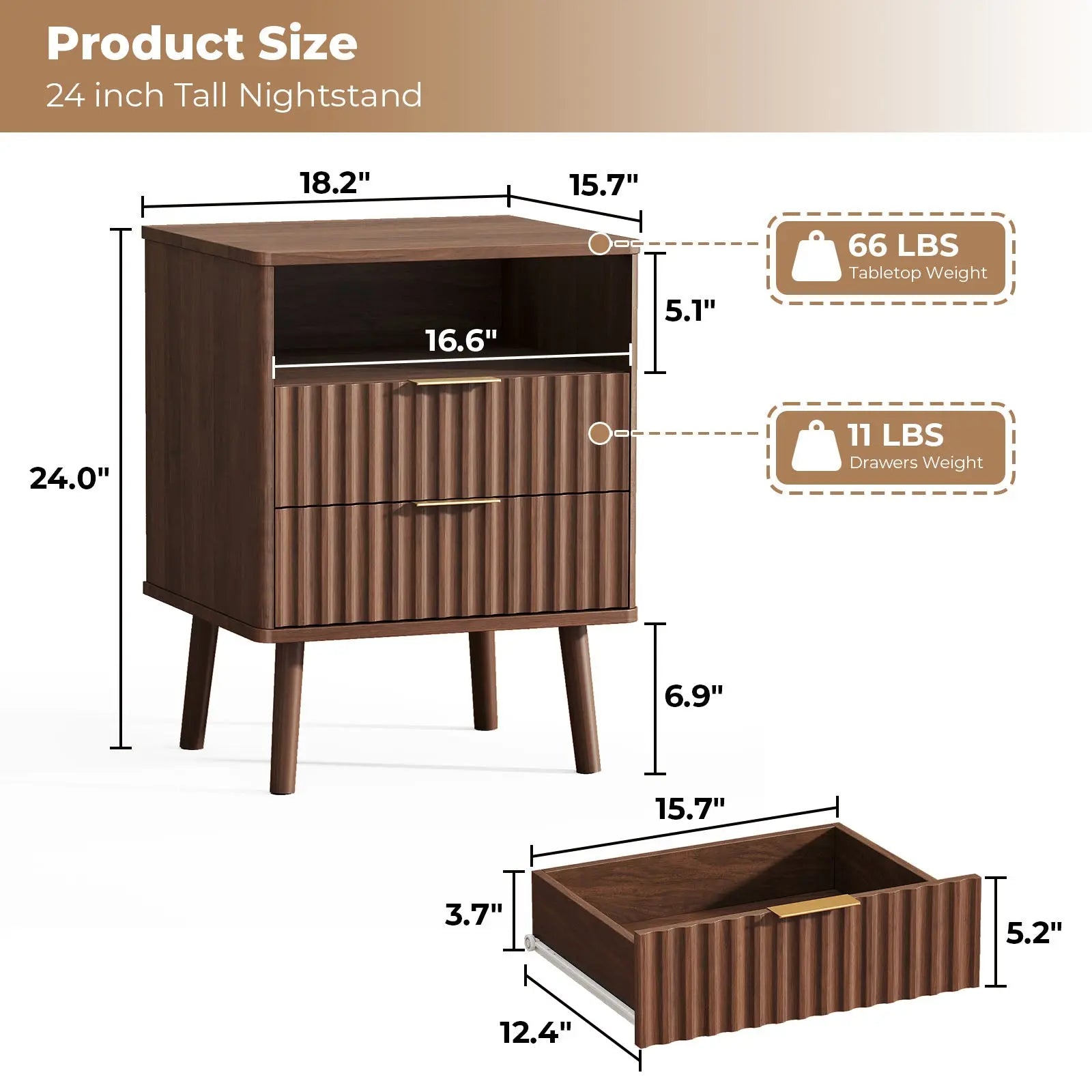 24" Brown Wood Ribbed Texture And Mirrored Glass Two Drawer Nightstand Homeroots Bed & Bath