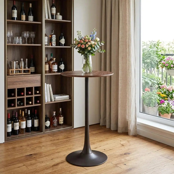 24" Brown and Black Wood and Steel Rounded Bar Table Homeroots Living Room