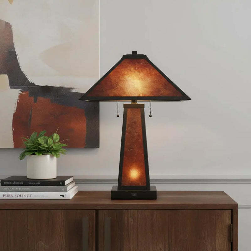 24" Burnt Orange Metal Two Light Table Lamp With Amber Square Shade Homeroots Lighting