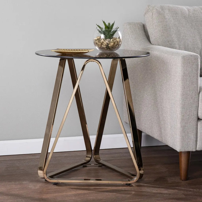 24" Champagne Glass And Iron Round End Table Homeroots Living Room