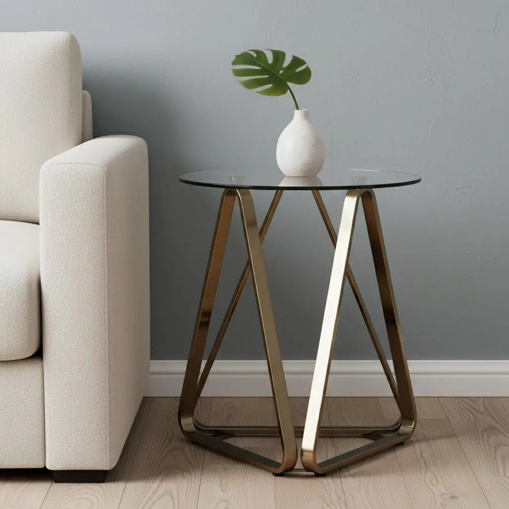 24" Champagne Glass And Iron Round End Table Homeroots Living Room