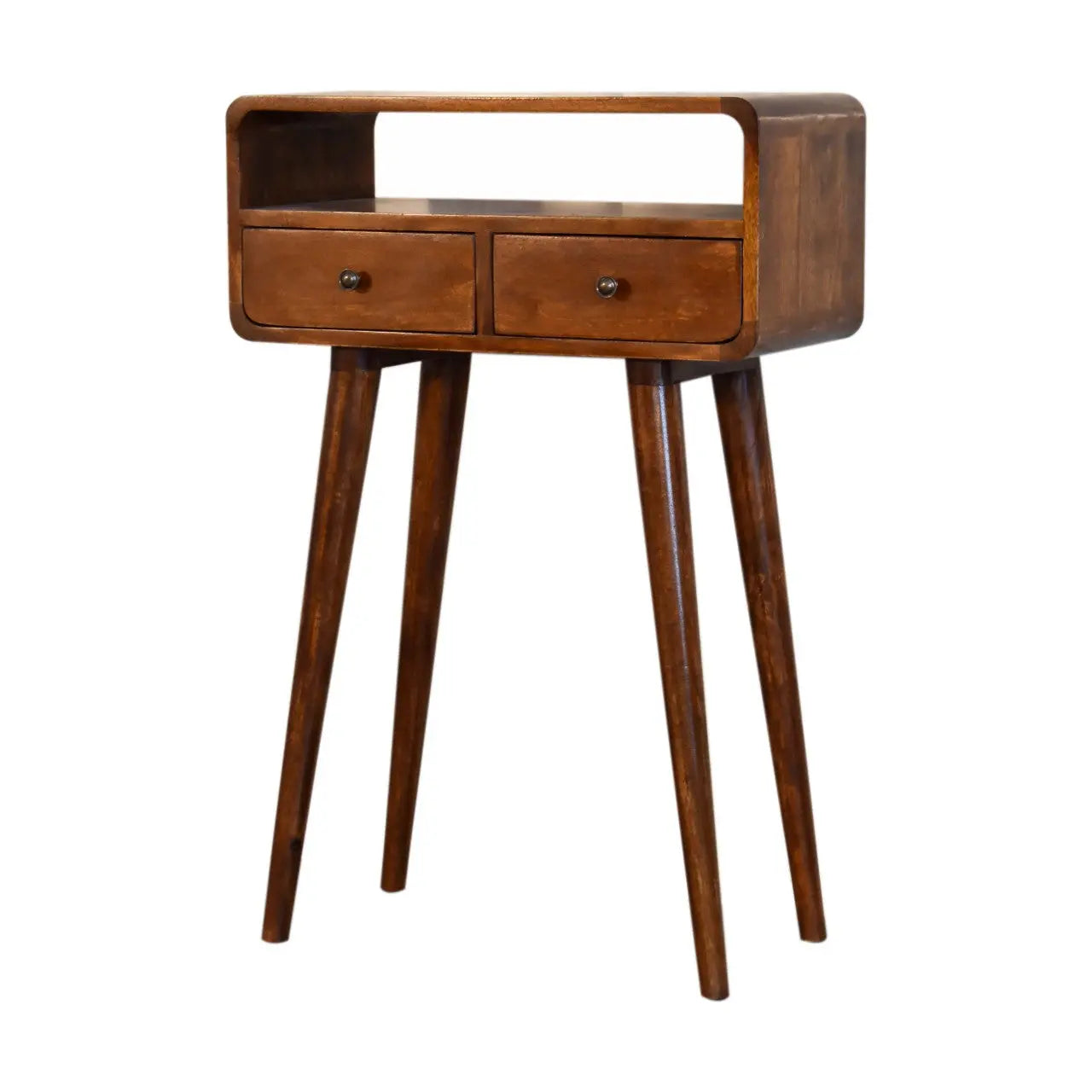 24" Chestnut Solid Wood Console Table With Shelf And Two Drawers Homeroots Living Room