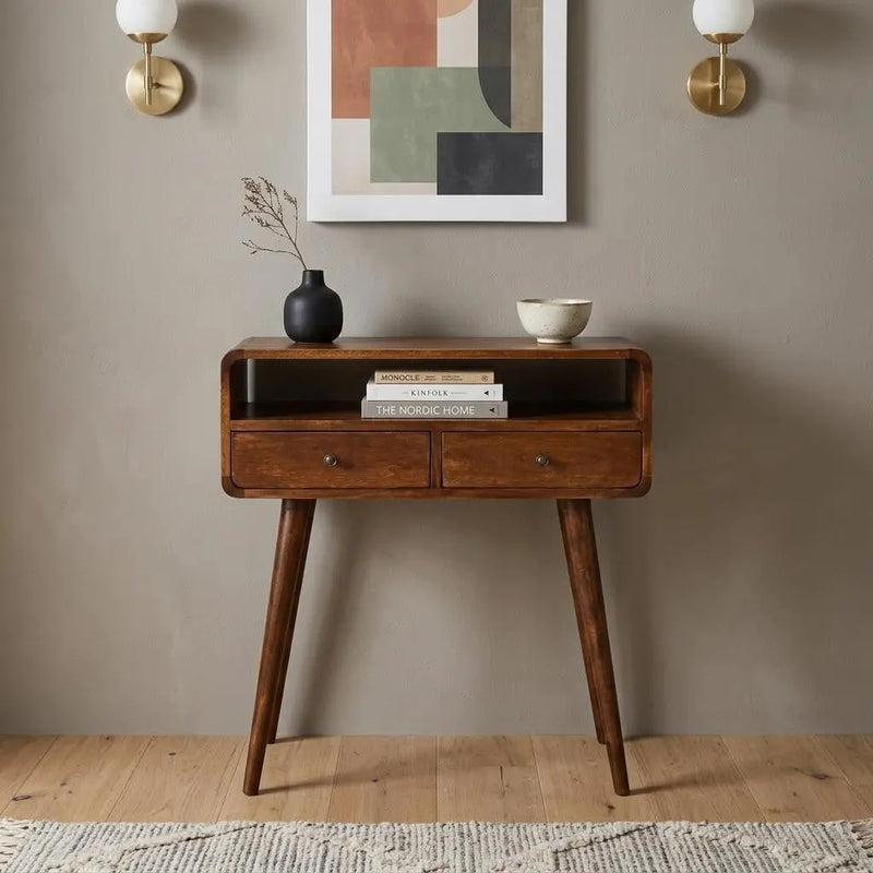 24" Chestnut Solid Wood Console Table With Shelf And Two Drawers Homeroots Living Room