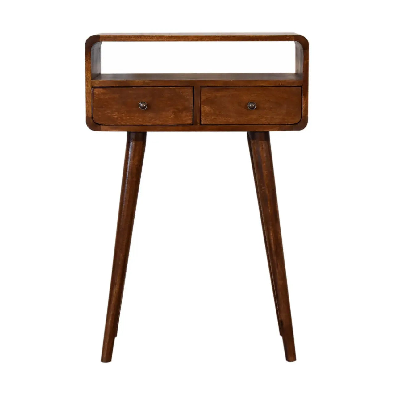 24" Chestnut Solid Wood Console Table With Shelf And Two Drawers Homeroots Living Room
