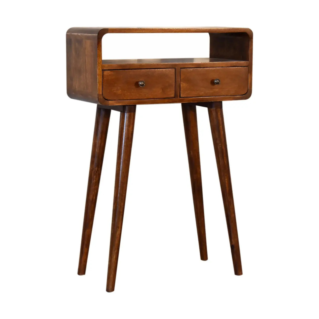 24" Chestnut Solid Wood Console Table With Shelf And Two Drawers Homeroots Living Room