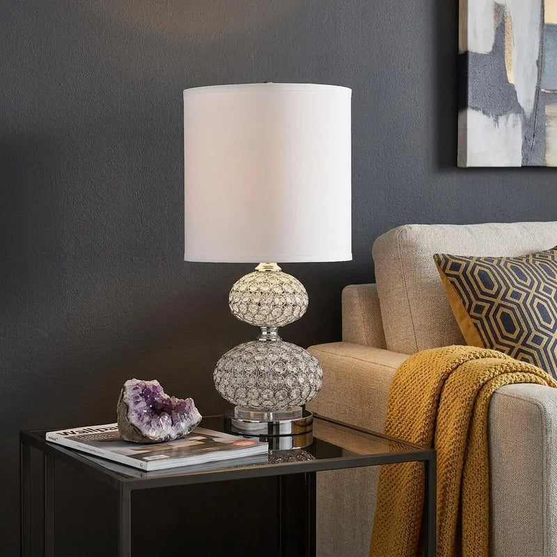 24" Chrome and Faux Crystal Double Orb Table Lamp With White Classic Drum Shade Homeroots Lighting